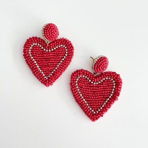 J. Crew Factory Beaded Heart Statement Earrings (Classic Red)